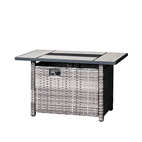 OVIOS Fire Pit Table 42 inch Outdoor Rectangle Gas Fire Table with Lid, 50,000 BTU, Wicker Rattan Patio Dinning Table for Yard Garden Porch (Grey-Large Size)