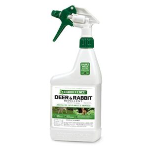 liquid fence deer and rabbit repellent, keep deer and rabbits out of garden patio and backyard, use on gardens shrubs and trees, harmless to plants and animals when used & stored as directed, 32 fl ounce