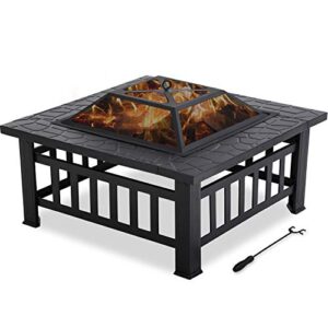 vnewone 32” outdoor fire pit metal square firepit patio stove wood burning for backyard garden camping picnic bonfire with spark screen cover, log grate, poker,32″ l32 w 14”, black