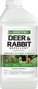 liquid fence deer and rabbit repellent, keep deer and rabbits out of garden patio and backyard, use on gardens shrubs and trees, harmless to plants and animals when used & stored as directed, 40 fl ounce