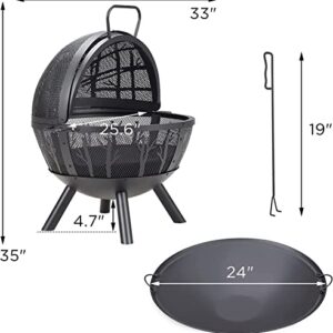 PaPaJet 35 inch Fire Pit for Outside, Wood Burning Fire Pit with Cover, Bonfire Globe Fire Pit with Poker Tree Pattern for Patio Backyard Garden Black