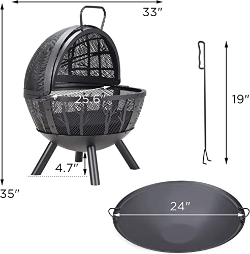 PaPaJet 35 inch Fire Pit for Outside, Wood Burning Fire Pit with Cover, Bonfire Globe Fire Pit with Poker Tree Pattern for Patio Backyard Garden Black