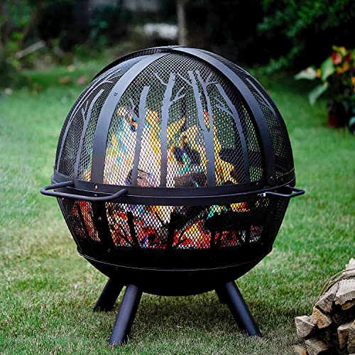 PaPaJet 35 inch Fire Pit for Outside, Wood Burning Fire Pit with Cover, Bonfire Globe Fire Pit with Poker Tree Pattern for Patio Backyard Garden Black