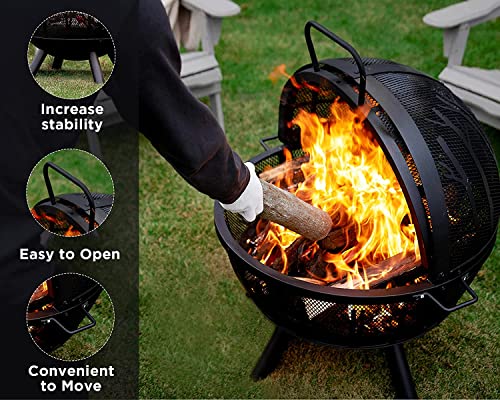 PaPaJet 35 inch Fire Pit for Outside, Wood Burning Fire Pit with Cover, Bonfire Globe Fire Pit with Poker Tree Pattern for Patio Backyard Garden Black