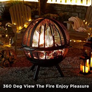 PaPaJet 35 inch Fire Pit for Outside, Wood Burning Fire Pit with Cover, Bonfire Globe Fire Pit with Poker Tree Pattern for Patio Backyard Garden Black