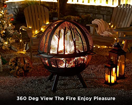 PaPaJet 35 inch Fire Pit for Outside, Wood Burning Fire Pit with Cover, Bonfire Globe Fire Pit with Poker Tree Pattern for Patio Backyard Garden Black