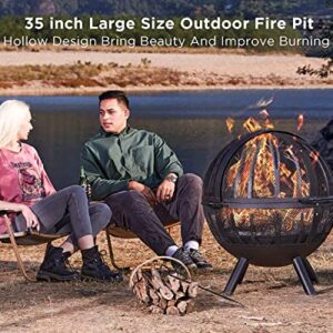 PaPaJet 35 inch Fire Pit for Outside, Wood Burning Fire Pit with Cover, Bonfire Globe Fire Pit with Poker Tree Pattern for Patio Backyard Garden Black