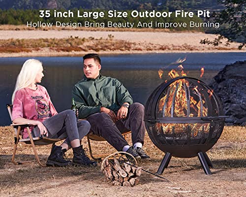 PaPaJet 35 inch Fire Pit for Outside, Wood Burning Fire Pit with Cover, Bonfire Globe Fire Pit with Poker Tree Pattern for Patio Backyard Garden Black