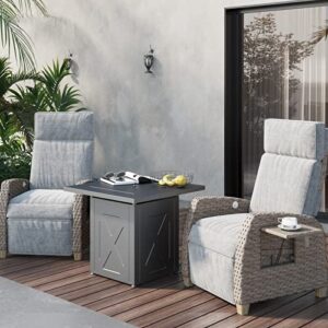 grand patio outdoor recliner with fire pit table reclining wicker chairs 3 pieces outdoor furniture conversation set for patio garden backyard, mist grey