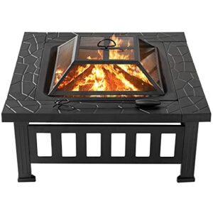 singlyfire 32 inch fire pit table for outside square metal firepit outdoor wood burning large steel bonfire pit for patio backyard garden with waterproof cover,spark screen,log grate,poker