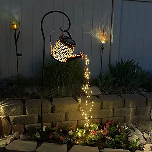 Auhafaly Garden Shower Light Solar Powered Watering Can with Star LED Outdoor Fairy Waterfall with Bracket for Home Path Patio Yard Lawn, White