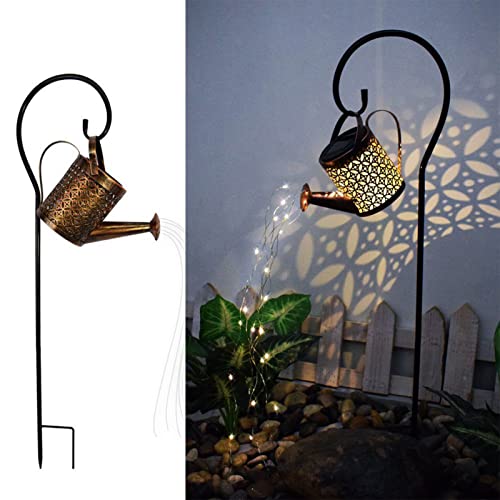 Auhafaly Garden Shower Light Solar Powered Watering Can with Star LED Outdoor Fairy Waterfall with Bracket for Home Path Patio Yard Lawn, White