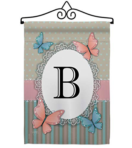 Breeze Decor B Initial Garden Flag Set Wall Hanger Monogram Friends Bugs & Frogs Butterfly Ladybugs Dragonfly Bee Springtime Insect Natural Wildlife House Yard Gift Double-Sided, Made in USA