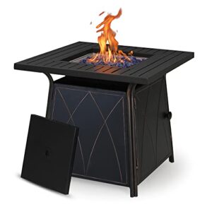 PHI VILLA 28 Inch Gas Fire Pit Table, 50000 BTU Square Outdoor Propane Fire Pit Table with Lid and Blue Fire Glass for Patio, Backyard and Garden, Black