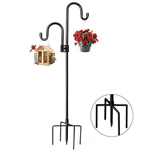 KETIEE Outdoor Shepards Hooks with 5 Prong Base, Heavy-Duty Metal Stand Pole Hanging String Lights,Multi-Function Double Shepherds Hook Garden Holder Lighting Stand for Backyard Patio Wedding