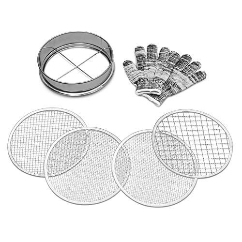 CLABBY ROUND LAKE Galvanized Iron Garden Sieve - Soil Sieves with 4 Interchangeable Mesh Sizes (3mm, 6mm, 9mm, 12mm) - Sifting Pan - Complete with Cotton Work Gloves