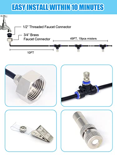 Tesmotor Misting System for Outside Patio, 59FT Misting Line + 21 Brass Nozzle Outdoor Misters for Cooling, Misting System for Patio Garden Lawn Pool Umbrella Trampoline