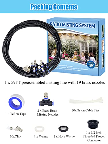 Tesmotor Misting System for Outside Patio, 59FT Misting Line + 21 Brass Nozzle Outdoor Misters for Cooling, Misting System for Patio Garden Lawn Pool Umbrella Trampoline