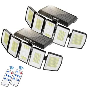 Lovcoyo Solar Outdoor Lights, Motion Sensor Security Lights IP65 Waterproof with Remote Control Wireless，5 Heads 300 LED Outdoor Flood Lights 360° Illumination with 3 Modes for Garage Yard Garden