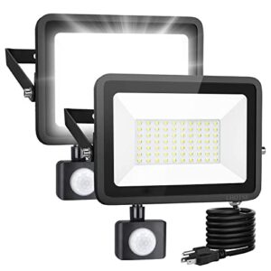 lhotse 2 pack 50w led flood light outdoor,8000 lumens led work light with motion sensor and plug,ip65 waterproof outdoor floodlights,6500k daylight white super bright security light for garden patio