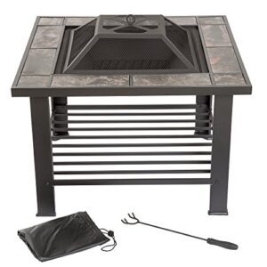 fire pit set, wood burning pit – includes screen, cover and log poker – great for outdoor and patio, 30 inch square marble tile firepit by pure garden, black