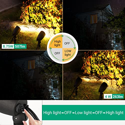 EDISHINE LED Outdoor Spotlight, 3000K 2-Level Dimmable (507lm 8.75W/263lm 4W) Waterproof Plug in Spotlight Outdoor for Garden, Flag, Trees, 5 FT Extension Cord, UL Listed