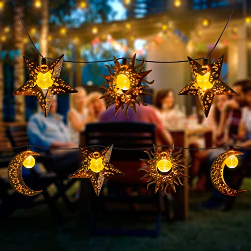 Tryme Outdoor Solar String Lights Patio Star Moon Sun Waterproof LED String Light Solar Powered Fairy Lights Starry 13Ft 153In 2 Lighting Modes for Garden Yard Porch Wedding Party Decor