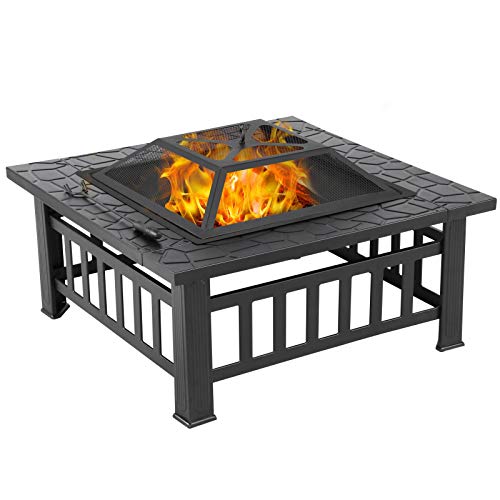 Topeakmart Outdoor Metal Fire Pit Table Multifunctional Backyard Patio Garden Square Stove, 32in Diameter Wood Burning Fireplace with Waterproof Cover