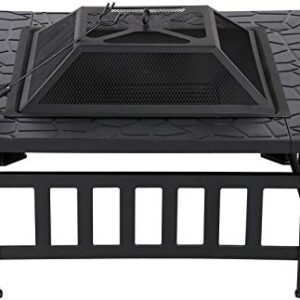 Topeakmart Outdoor Metal Fire Pit Table Multifunctional Backyard Patio Garden Square Stove, 32in Diameter Wood Burning Fireplace with Waterproof Cover