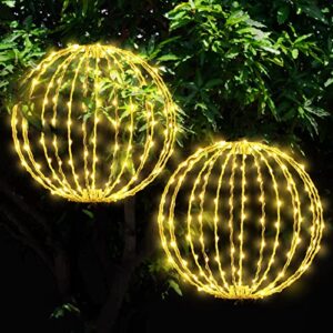 2 pack christmas led lighted ball for tree 12 inch, 160 leds large sphere hanging iron frame globe light with 8 flicker modes and plug charging for porch patio garden decoration indoor outdoor