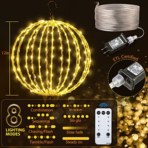 2 Pack Christmas LED Lighted Ball for Tree 12 Inch, 160 LEDs Large Sphere Hanging Iron Frame Globe Light with 8 Flicker Modes and Plug Charging for Porch Patio Garden Decoration Indoor Outdoor