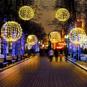 2 Pack Christmas LED Lighted Ball for Tree 12 Inch, 160 LEDs Large Sphere Hanging Iron Frame Globe Light with 8 Flicker Modes and Plug Charging for Porch Patio Garden Decoration Indoor Outdoor