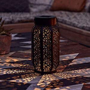 lights4fun, inc. 11″ moroccan solar powered led black metal garden & patio lantern light with bronze finish