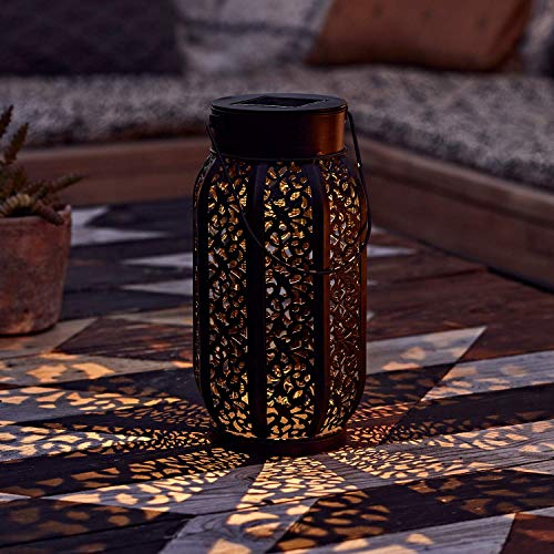 Lights4fun, Inc. 11" Moroccan Solar Powered LED Black Metal Garden & Patio Lantern Light with Bronze Finish