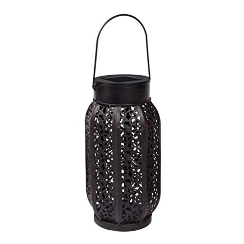 Lights4fun, Inc. 11" Moroccan Solar Powered LED Black Metal Garden & Patio Lantern Light with Bronze Finish