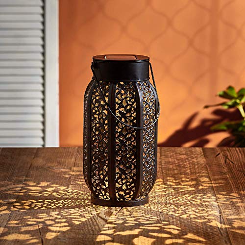 Lights4fun, Inc. 11" Moroccan Solar Powered LED Black Metal Garden & Patio Lantern Light with Bronze Finish