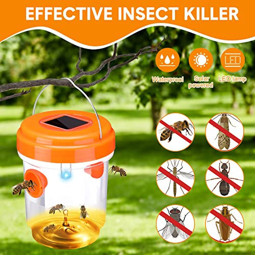 Kittmip Wasp Trap Solar Powered Bee Trap Reusable Fly Traps Outdoor Hanging Wasp Killer with UV LED Light Flying Insects Bee Killer for Indoor Outdoor Patio Garden Home (Orange, 12 Packs)