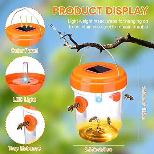 Kittmip Wasp Trap Solar Powered Bee Trap Reusable Fly Traps Outdoor Hanging Wasp Killer with UV LED Light Flying Insects Bee Killer for Indoor Outdoor Patio Garden Home (Orange, 12 Packs)