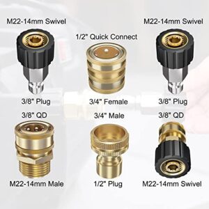 POHIR Pressure Washer Whip Hose 10 FT, Adapter Set 8 Pack, 2 Different M22-14 Swivel to 3/8'' Male and Female Quick Connect, 3/4" Brass Garden Hose Quick Release Connector M22 15/14mm to 14mm Fitting