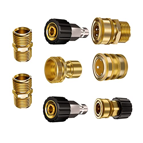 POHIR Pressure Washer Whip Hose 10 FT, Adapter Set 8 Pack, 2 Different M22-14 Swivel to 3/8'' Male and Female Quick Connect, 3/4" Brass Garden Hose Quick Release Connector M22 15/14mm to 14mm Fitting