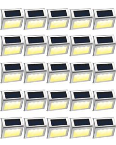 24 packs outdoor fence lights solar powered deck lights waterproof backyard lighting stainless steel lamp stairs fence light security wall lamps for step walkway patio garden pathway (warm white)