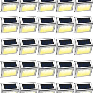 24 Packs Outdoor Fence Lights Solar Powered Deck Lights Waterproof Backyard Lighting Stainless Steel Lamp Stairs Fence Light Security Wall Lamps for Step Walkway Patio Garden Pathway (Warm White)