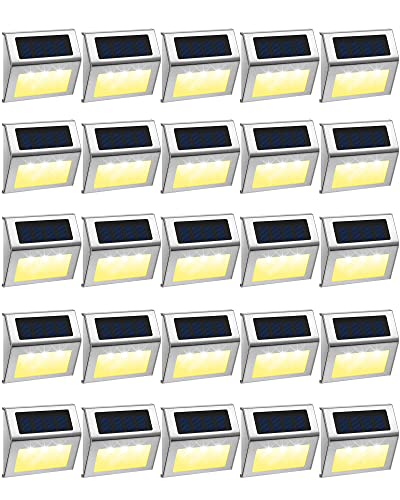 24 Packs Outdoor Fence Lights Solar Powered Deck Lights Waterproof Backyard Lighting Stainless Steel Lamp Stairs Fence Light Security Wall Lamps for Step Walkway Patio Garden Pathway (Warm White)