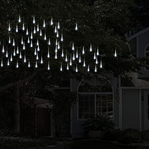 Pure Garden String Lights – Set of 2 30 Bulb Solar Power Outdoor LED Décor Tear Drop Lighting with 8 Modes and Rechargeable Battery (Cool White)