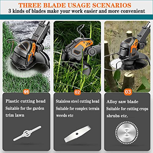 JIECO Cordless String Trimmer, Weed Wacke 24V Grass Trimmer with 2 PCS 2.0Ah Batteries and 3Types Blades, Wheel Weed Eater for Lawn, Yard，Garden and Bush Trimming ,Black, Red