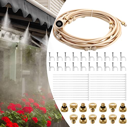 Misting Cooling System Including Outdoor Mist Cooling System Misting Line, Nozzle Seat, Nozzles, Faucet Connector, Plug, Cable Tie and Buckle for Patio Lawn Garden Greenhouse Home (23 m/ 75.5 Feet)