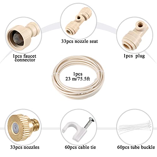 Misting Cooling System Including Outdoor Mist Cooling System Misting Line, Nozzle Seat, Nozzles, Faucet Connector, Plug, Cable Tie and Buckle for Patio Lawn Garden Greenhouse Home (23 m/ 75.5 Feet)