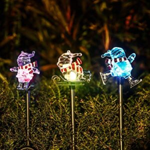 3 pcs solar christmas snowman decorations outdoor – solar garden stake lights waterproof – plastic with rgb color changing led bulbs decorative light for patio lawn holiday decor (3 pack snowman)
