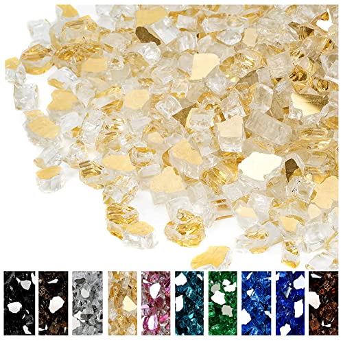 onlyfire 10 pounds Fire Glass for Propane Fire Pit and Gas Fireplace, 1/4 Inch Reflective Firepit Glass Rocks for Fire Pit Table and Fire Bowl, High Luster Gold