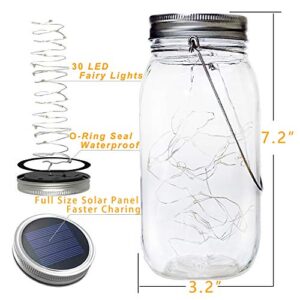 Solar Mason Jar Lights 30 Led,6 Pack Large-Size Solar Hanging Glass Jar Starry Fairy Lights,Solar Lanterns for Outdoor Patio Party Garden Decor Lights (Jars and Handles Included)